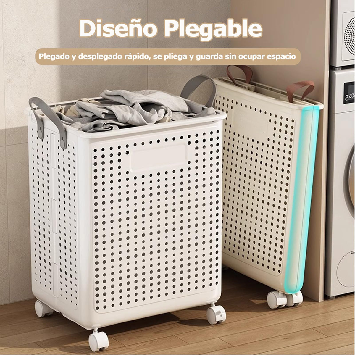 Cesto de Ropa Sucia con Ruedas, Carrito Organizador de Plástico Resistente, Canasto para Lavandería con Ventilación y Gran Capacidad