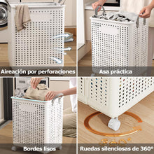 Cesto de Ropa Sucia con Ruedas, Carrito Organizador de Plástico Resistente, Canasto para Lavandería con Ventilación y Gran Capacidad
