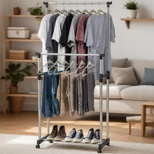 DECODEKO Perchero Burro Ropa con Ruedas, Material Acero Inoxidable, con Soporte para Zapatos, Fácil de Montar, Capacidad de carga máxima de 15 kg