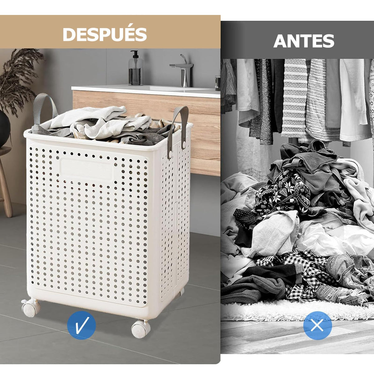 Cesto de Ropa Sucia con Ruedas, Carrito Organizador de Plástico Resistente, Canasto para Lavandería con Ventilación y Gran Capacidad