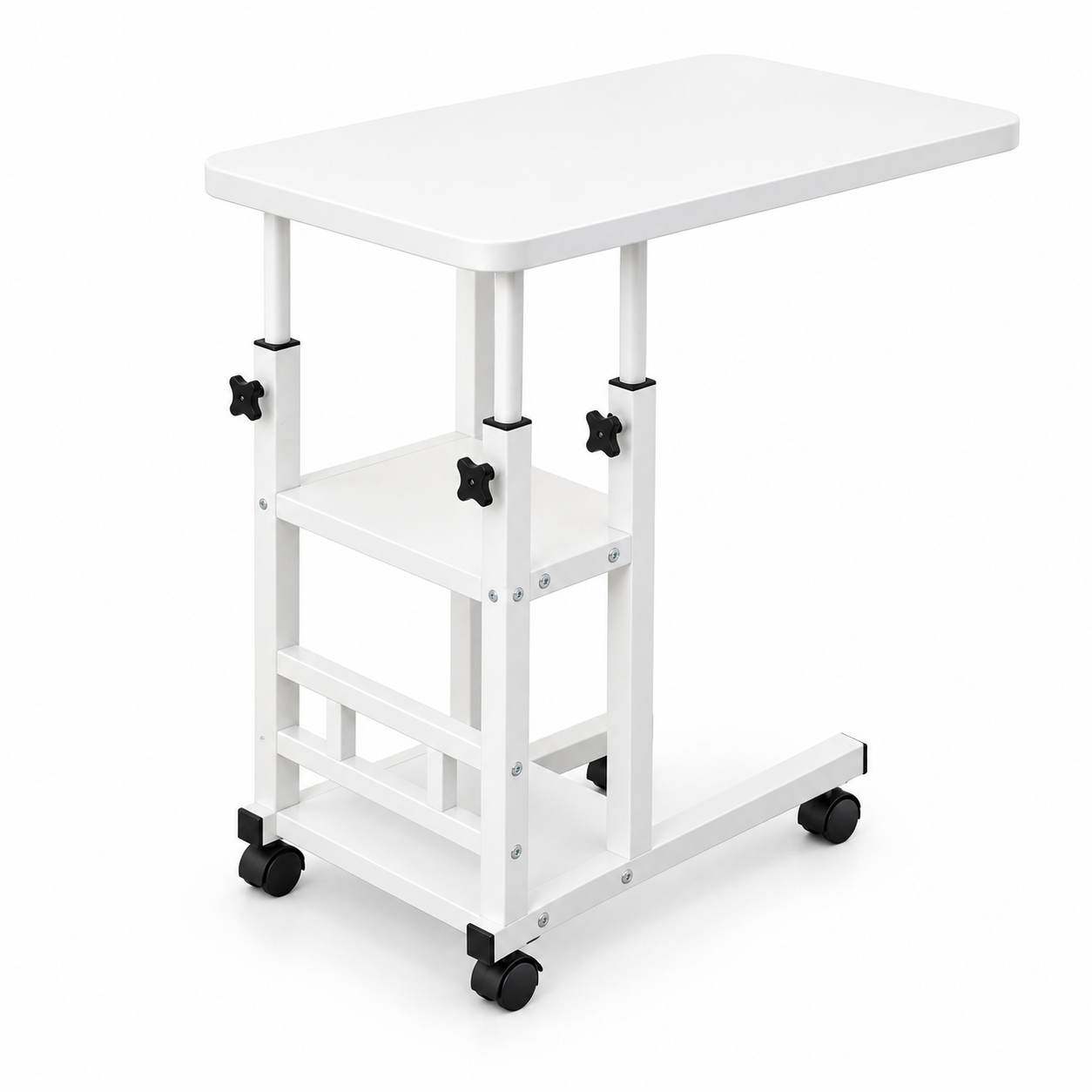 Mesa Auxiliar Pequeña de 3 Niveles en C con Altura Ajustable y Ruedas, Mesa Auxiliar con Estantería de Almacenamiento, 2 Estantes de Almacenamiento, Mesa para Sofá y Cama, Escritorio Móvil para Ordenador Portátil, Mesita de Noche, Mesas Auxiliares Salón