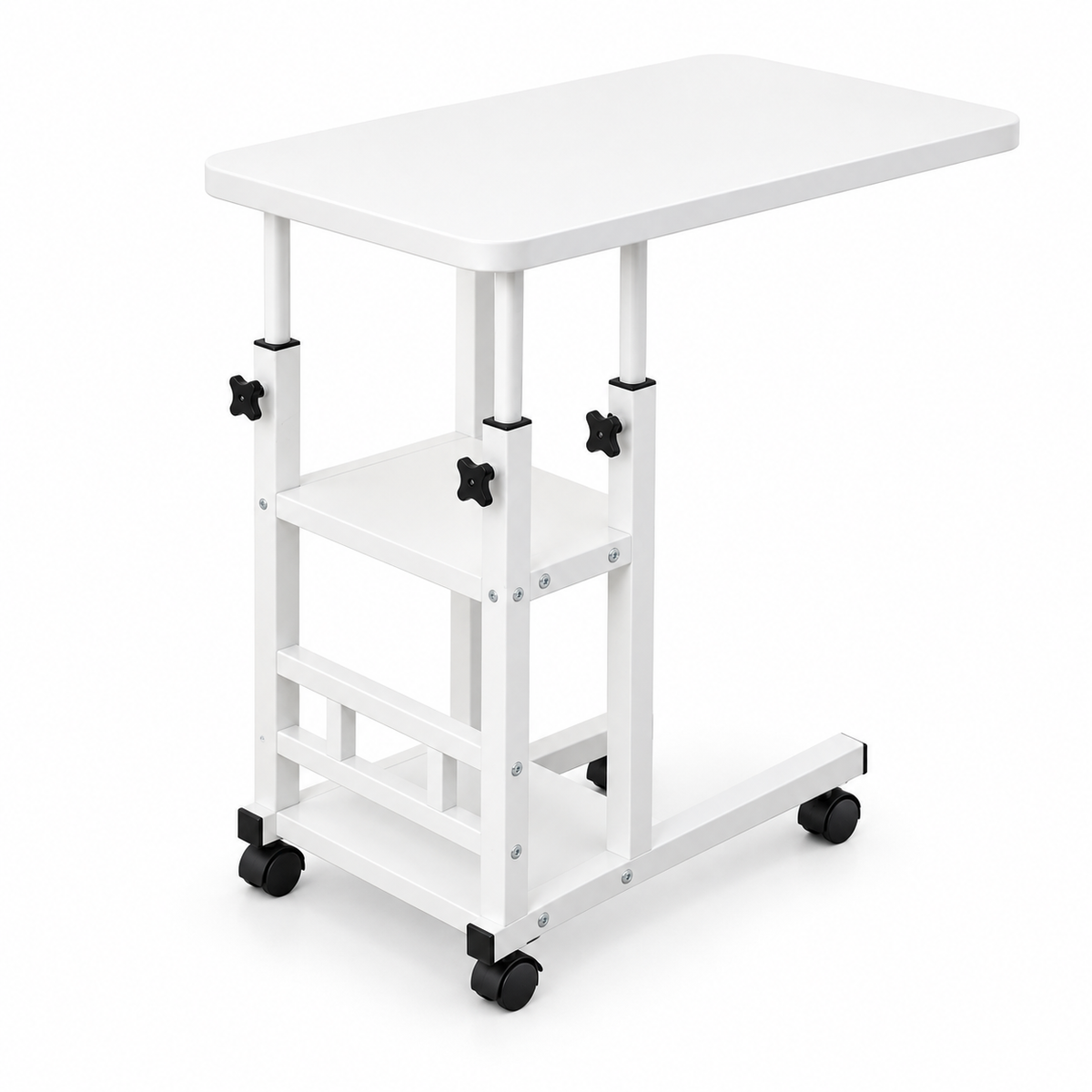 Mesa Auxiliar Pequeña de 3 Niveles en C con Altura Ajustable y Ruedas, Mesa Auxiliar con Estantería de Almacenamiento, 2 Estantes de Almacenamiento, Mesa para Sofá y Cama, Escritorio Móvil para Ordenador Portátil, Mesita de Noche, Mesas Auxiliares Salón