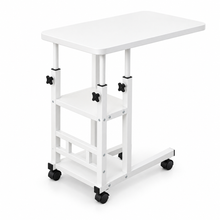 Mesa Auxiliar Pequeña de 3 Niveles en C con Altura Ajustable y Ruedas, Mesa Auxiliar con Estantería de Almacenamiento, 2 Estantes de Almacenamiento, Mesa para Sofá y Cama, Escritorio Móvil para Ordenador Portátil, Mesita de Noche, Mesas Auxiliares Salón