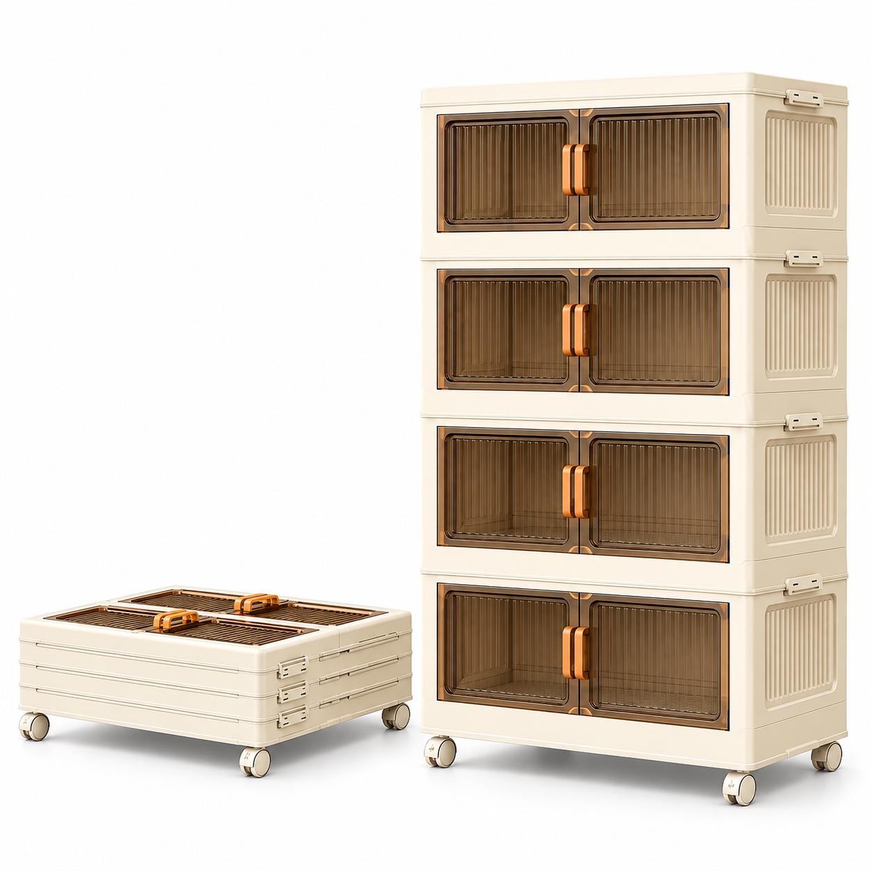 Armario de Almacenamiento de 3/4 Niveles, Armario Plegable y Apilable, Mueble Organizador Multiusos, Caja de Almacenamiento Modular con Puertas Magnéticas Semitransparentes y Ruedas Giratorias de 360°