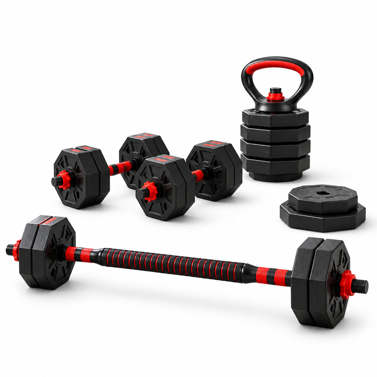 Mancuernas Ajustables 4 en 1 10/20/30/40 kg con Kettlebell y Barra de Conexión, Juego de APesas con Discos Octogonales Ajustables, Set de Musculación con Soporte para Flexiones, Equipo Fitness para Entrenamiento de Fuerza en Casa