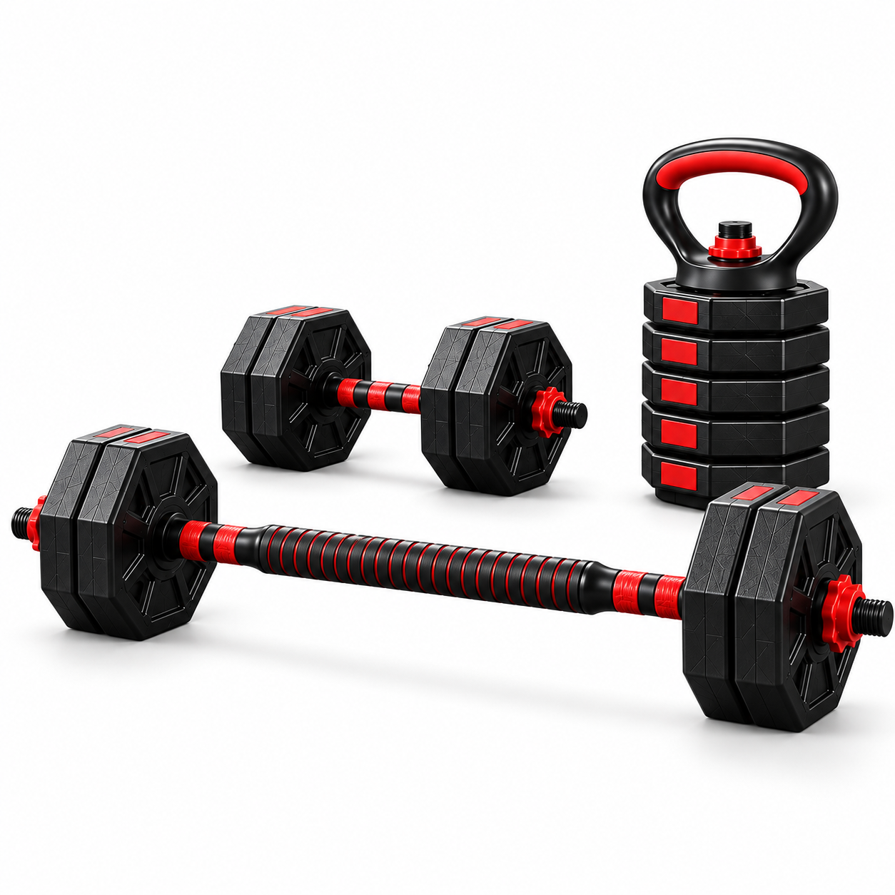 Mancuernas Ajustables 4 en 1 10/20/30/40 kg con Kettlebell y Barra de Conexión, Juego de APesas con Discos Octogonales Ajustables, Set de Musculación con Soporte para Flexiones, Equipo Fitness para Entrenamiento de Fuerza en Casa