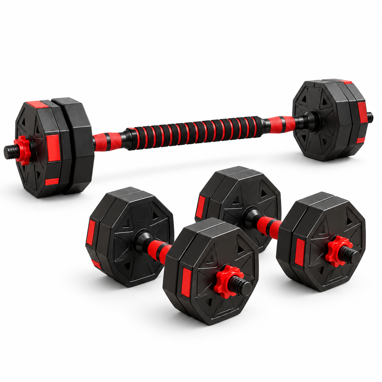 Mancuernas Ajustables 3 en 1 con Barra 10/15/20/30/40 kg, Juego de Pesas con Barra de Conexión y Discos Octogonales Ajustables, Mancuernas y Barra Desmontables para Musculación, Fuerza, Fitness y Entrenamiento de Cuerpo Completo en Casa