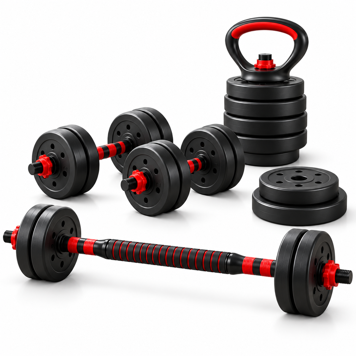 Set de Mancuernas Ajustables 3 en 1 10/15/20/30/40 kg, Mancuernas Redondas con Pesa Rusa y Barra de Conexión, Juego de Pesas para Musculación y Entrenamiento de Fuerza, Fitness y Gimnasio en Casa para Brazos, Hombros