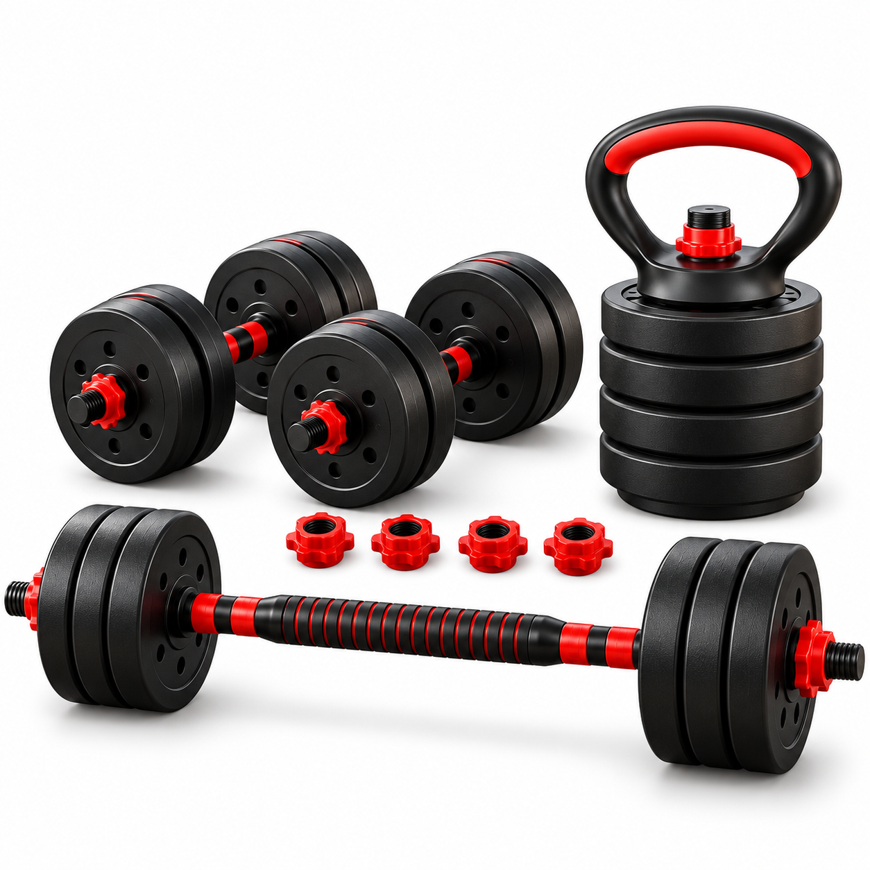 Set de Mancuernas Ajustables 3 en 1 10/15/20/30/40 kg, Mancuernas Redondas con Pesa Rusa y Barra de Conexión, Juego de Pesas para Musculación y Entrenamiento de Fuerza, Fitness y Gimnasio en Casa para Brazos, Hombros