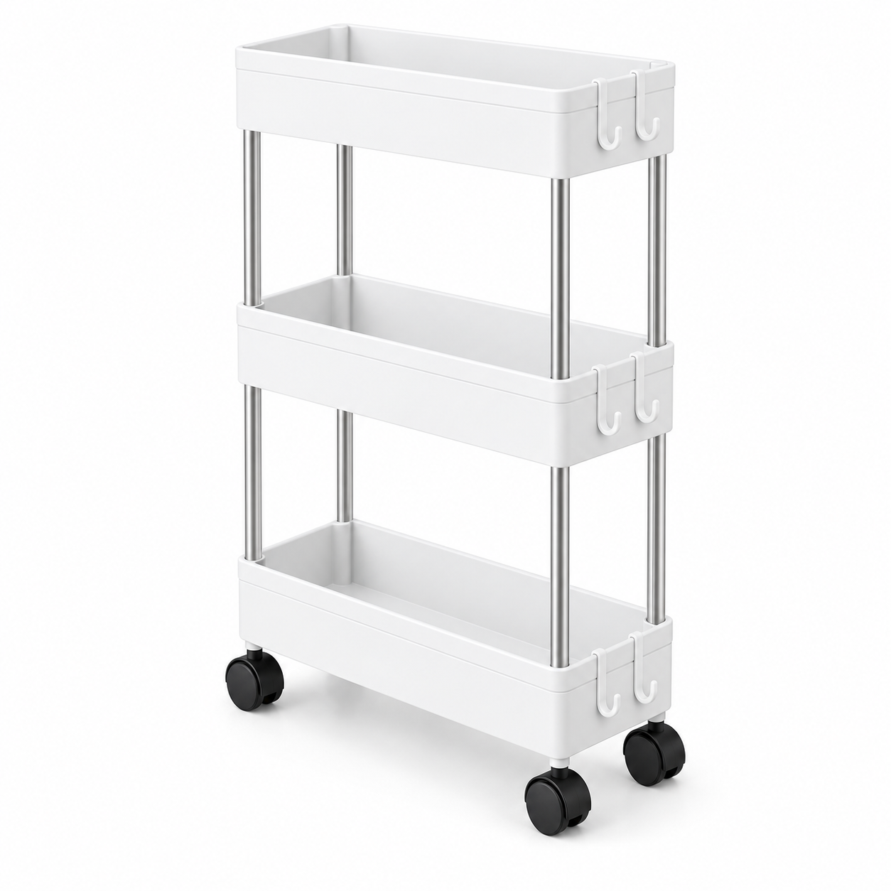 Carrito Organizador Estrecho con Ruedas, 3/4 Niveles, 13/22 cm de Profundidad con 4 Ganchos, Carrito Auxiliar Estrecho y Estantería de Almacenamiento Ahorra Espacio para Cocina, Baño, Lavandería, Despensa, Dormitorio, Oficina y Rincones Estrechos
