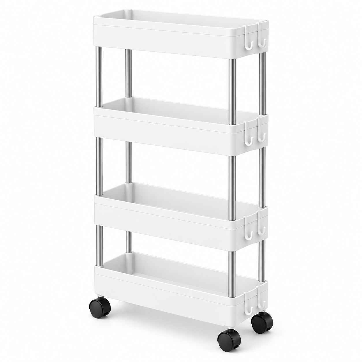 Carrito Organizador Estrecho con Ruedas, 3/4 Niveles, 13/22 cm de Profundidad con 4 Ganchos, Carrito Auxiliar Estrecho y Estantería de Almacenamiento Ahorra Espacio para Cocina, Baño, Lavandería, Despensa, Dormitorio, Oficina y Rincones Estrechos