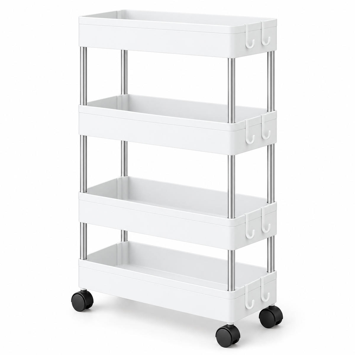 Carrito Organizador Estrecho con Ruedas, 3/4 Niveles, 13/22 cm de Profundidad con 4 Ganchos, Carrito Auxiliar Estrecho y Estantería de Almacenamiento Ahorra Espacio para Cocina, Baño, Lavandería, Despensa, Dormitorio, Oficina y Rincones Estrechos