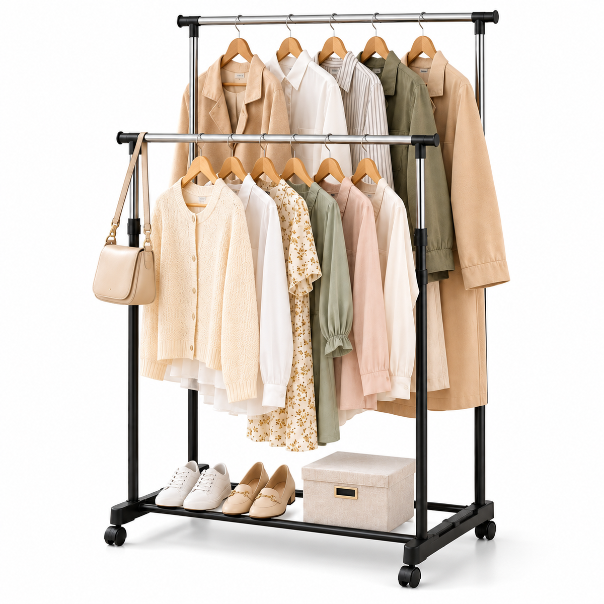 DECODEKO Perchero Burro Ropa con Ruedas, Material Acero Inoxidable, con Soporte para Zapatos, Fácil de Montar, Capacidad de carga máxima de 15 kg
