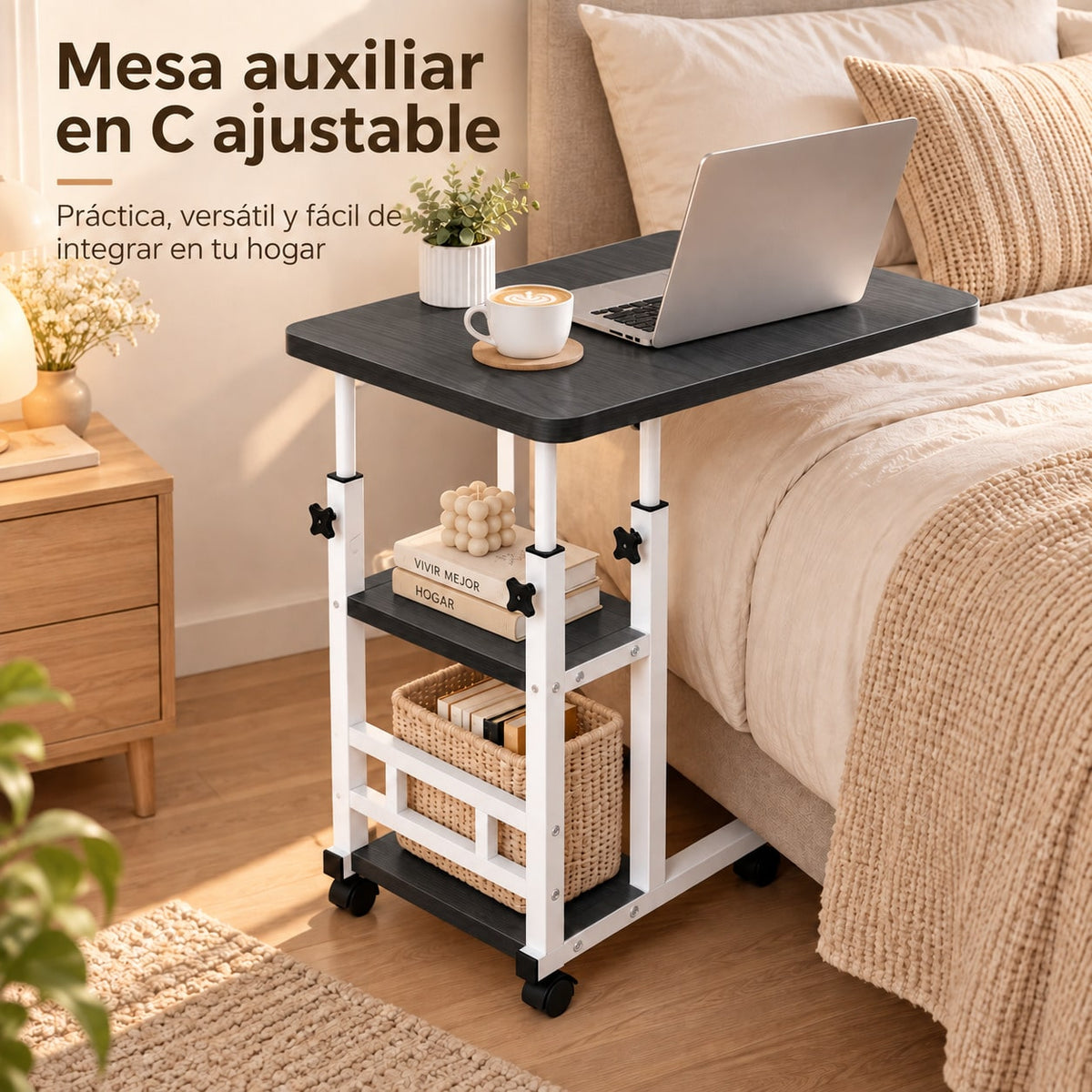 Mesa Auxiliar Pequeña de 3 Niveles en C con Altura Ajustable y Ruedas, Mesa Auxiliar con Estantería de Almacenamiento, 2 Estantes de Almacenamiento, Mesa para Sofá y Cama, Escritorio Móvil para Ordenador Portátil, Mesita de Noche, Mesas Auxiliares Salón