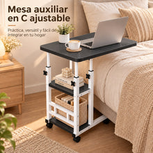 Mesa Auxiliar Pequeña de 3 Niveles en C con Altura Ajustable y Ruedas, Mesa Auxiliar con Estantería de Almacenamiento, 2 Estantes de Almacenamiento, Mesa para Sofá y Cama, Escritorio Móvil para Ordenador Portátil, Mesita de Noche, Mesas Auxiliares Salón