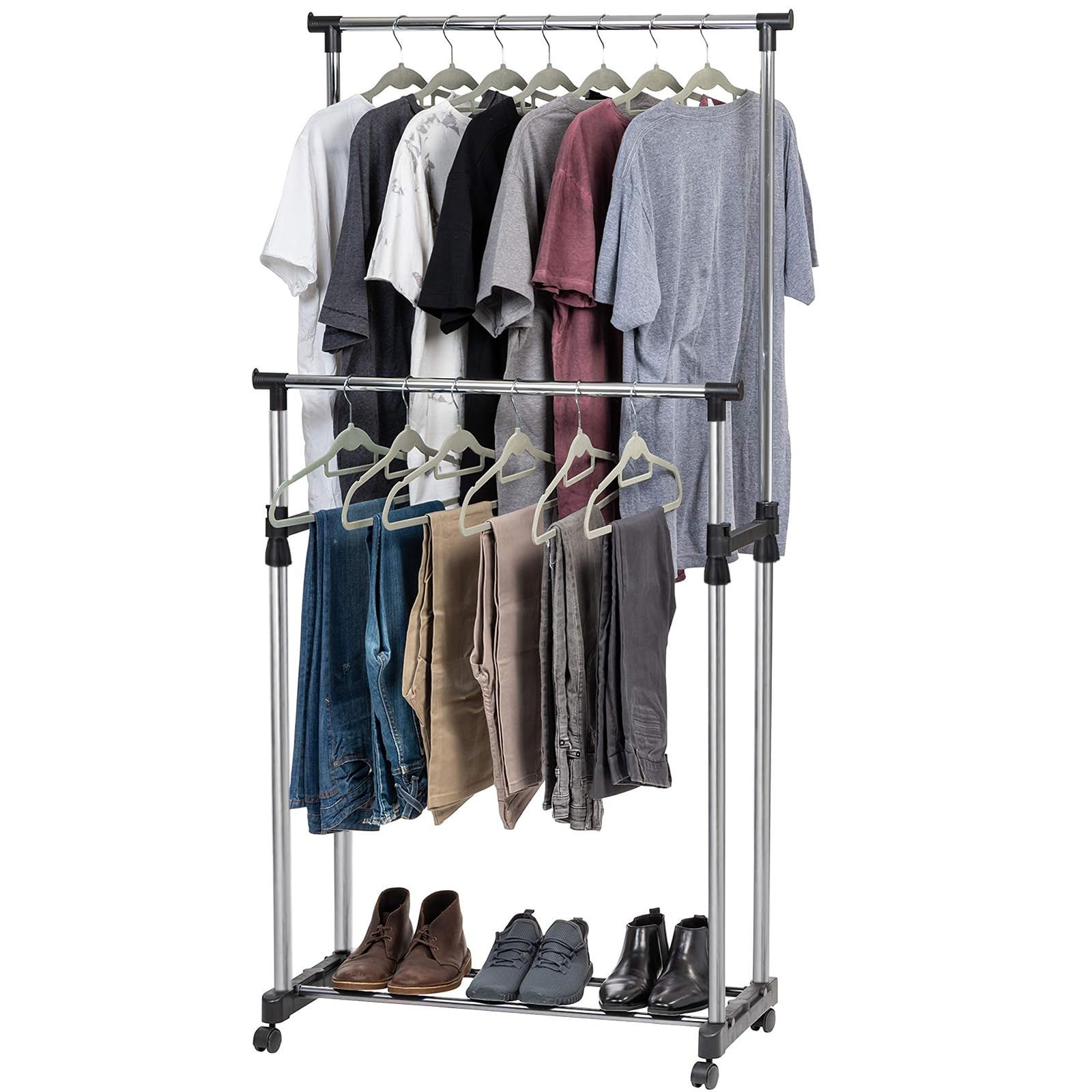 DECODEKO Perchero Burro Ropa con Ruedas, Material Acero Inoxidable, con Soporte para Zapatos, Fácil de Montar, Capacidad de carga máxima de 15 kg