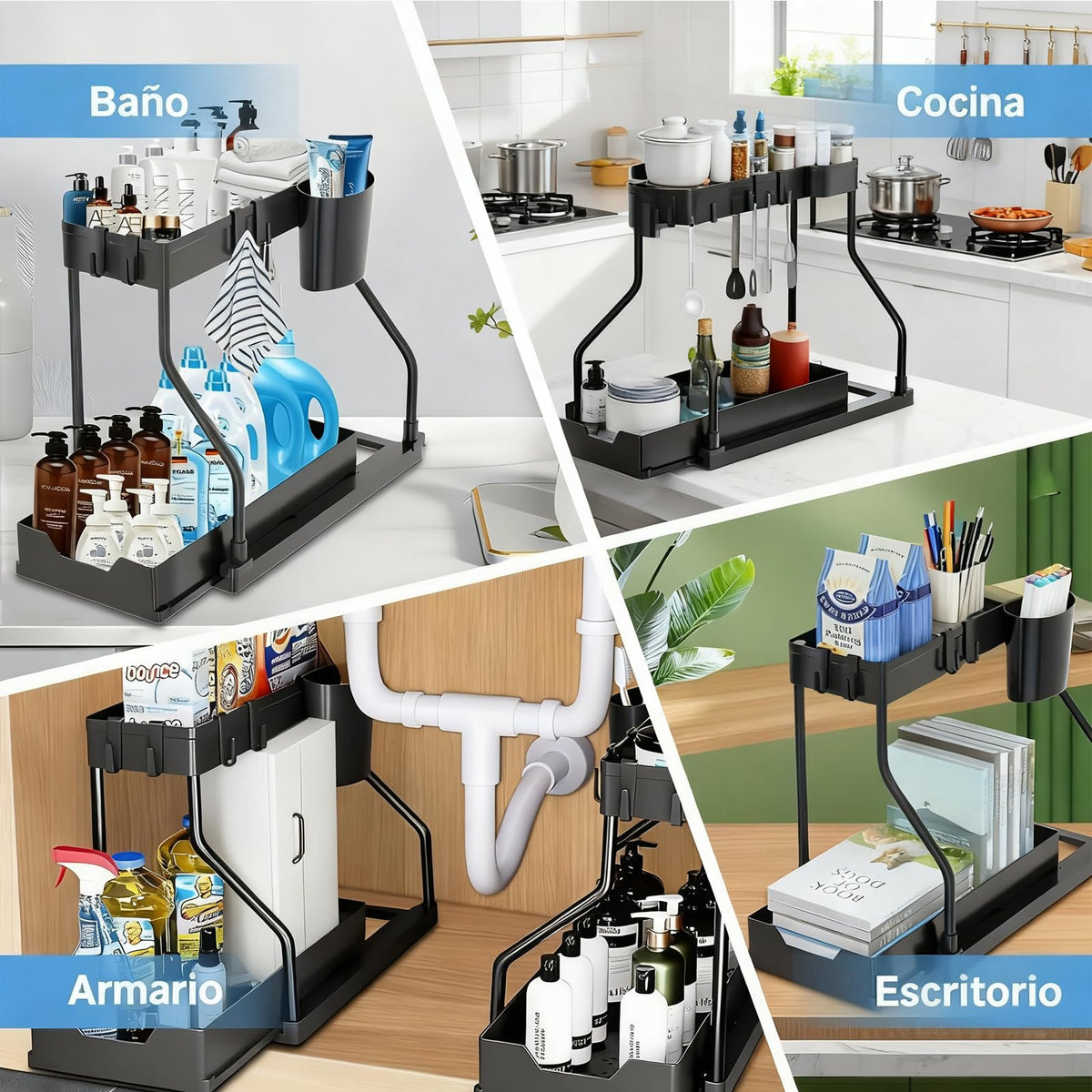 MIMOCASA Organizador Bajo Fregadero Cocina y Baño, 2 Pcs Extraíble Estante
